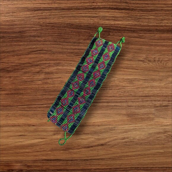 Beaded woven beaded  cuff bracelet blue red green 2" wide handmade boho - Picture 1 of 5
